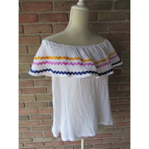 Gibson x Hi Sugarplum! Santa Fe Rickrack Off the Shoulder Top Womens L White - Picture 2 of 16